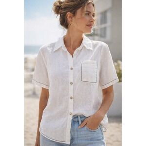 Richard Malcolm Linen Shirt Womens Large White Button Up Short Sleeve Minimalist